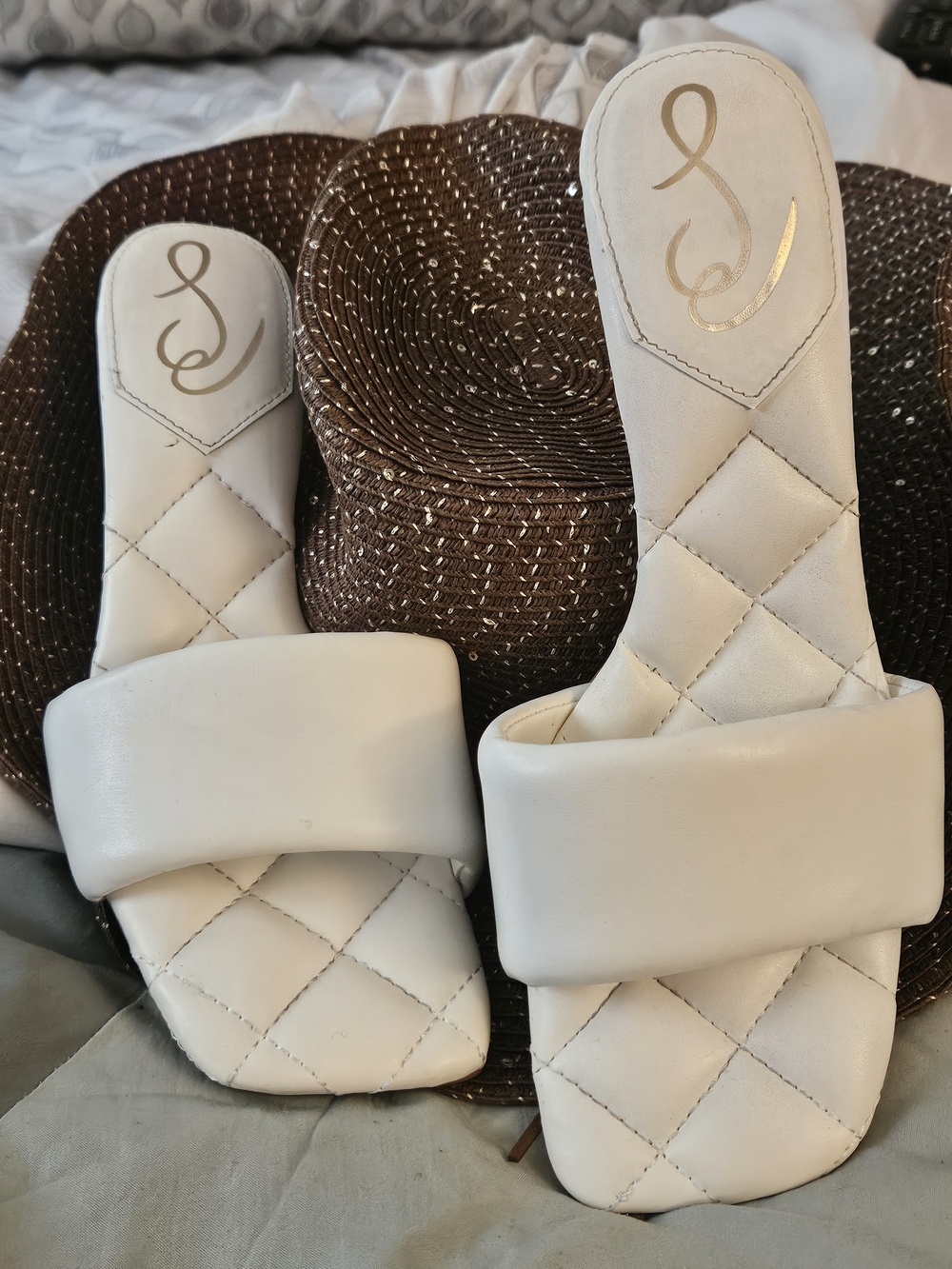 Sam Edelman White Quilted Slide Sandals with Gold Logo